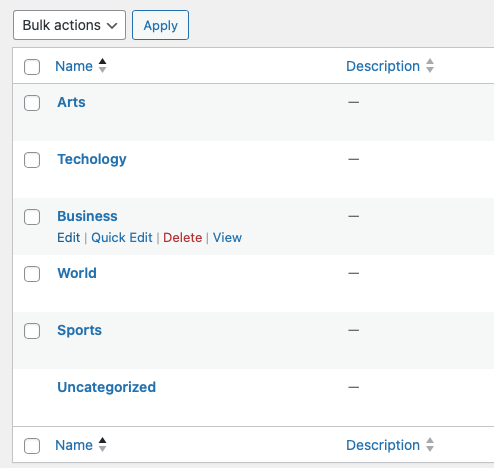 A list of categories in the WordPress admin, with one of them showing the actions options.